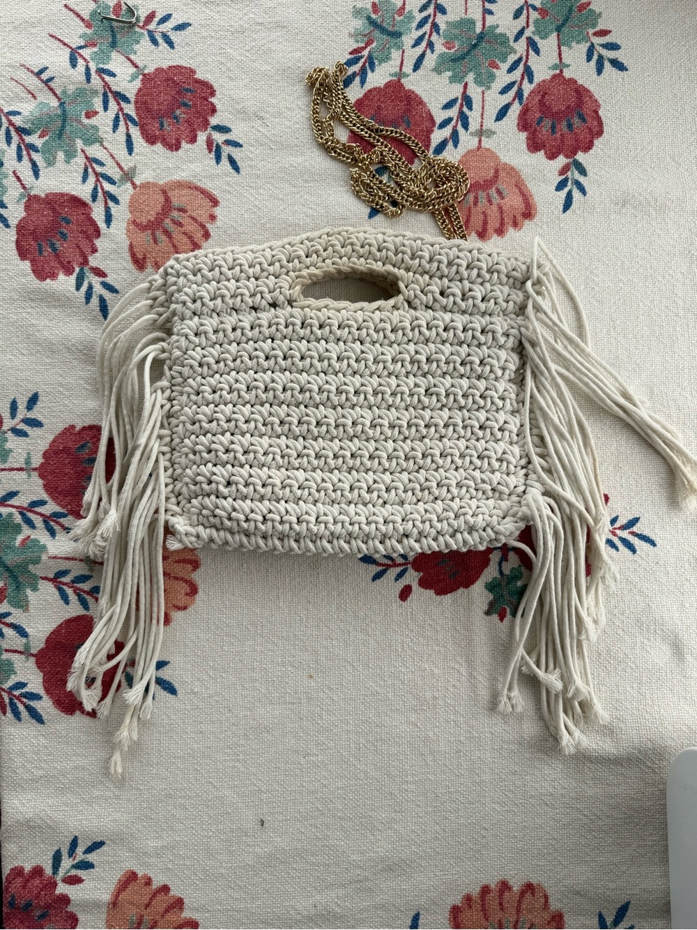 Moda Luxe Cream Crochet Fringe Clutch with Detachable Gold Chain